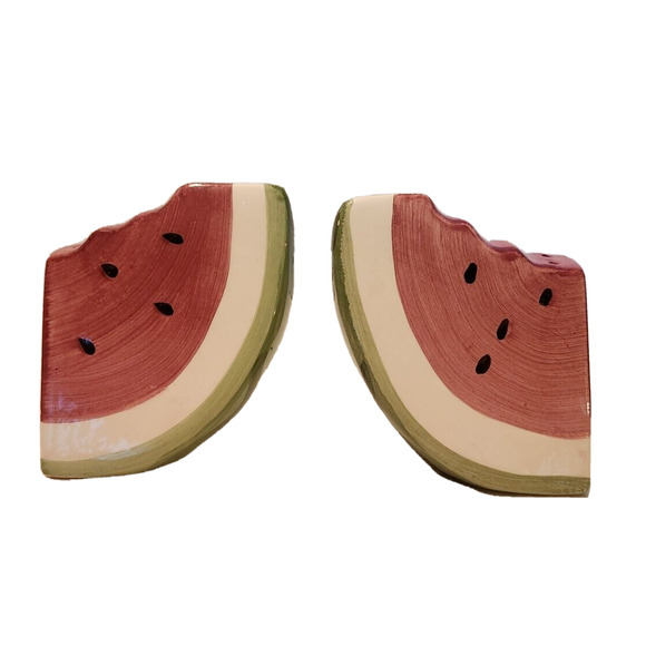Watermelon Fruit Ceramic Salt and Pepper Shakers Red Green Slices w/ Seeds - Picture 2 of 8